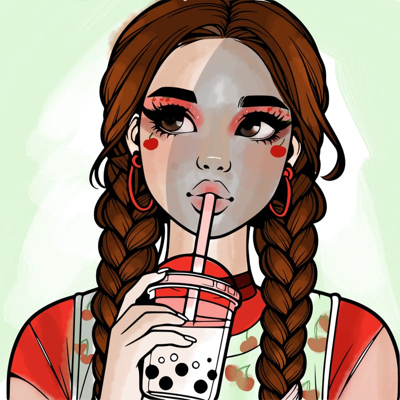 realistic girl with braided hair drinking boba