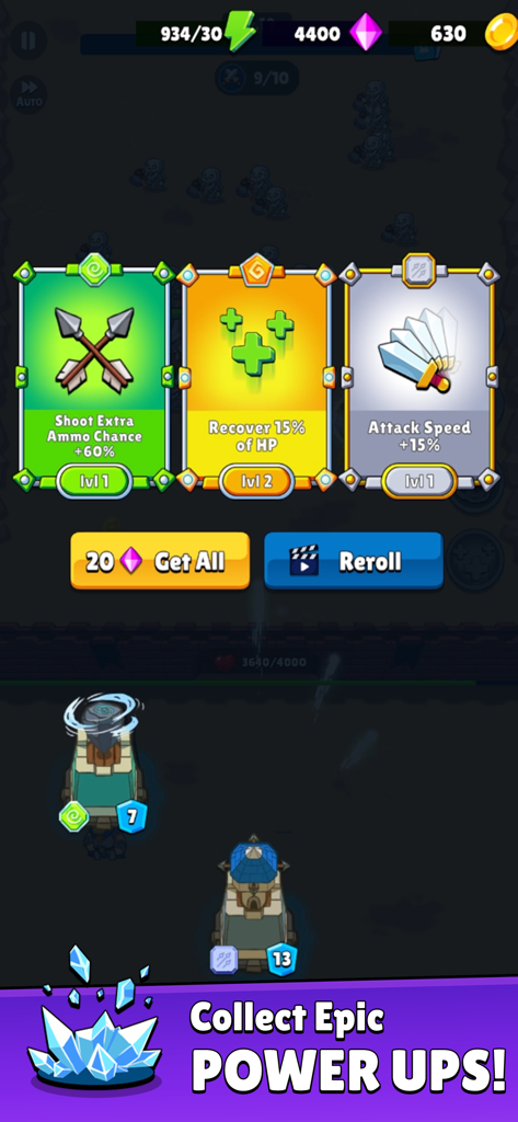 Interfaz del juego móvil Herochero Castle Defense TD mostrando tres cartas de mejora para obtener más munición, recuperar HP y aumentar la velocidad de ataque.