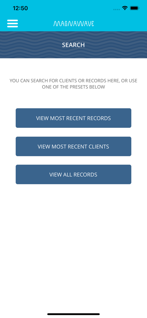 Search screen of the Magna Wave app featuring buttons to view recent records and recent clients.