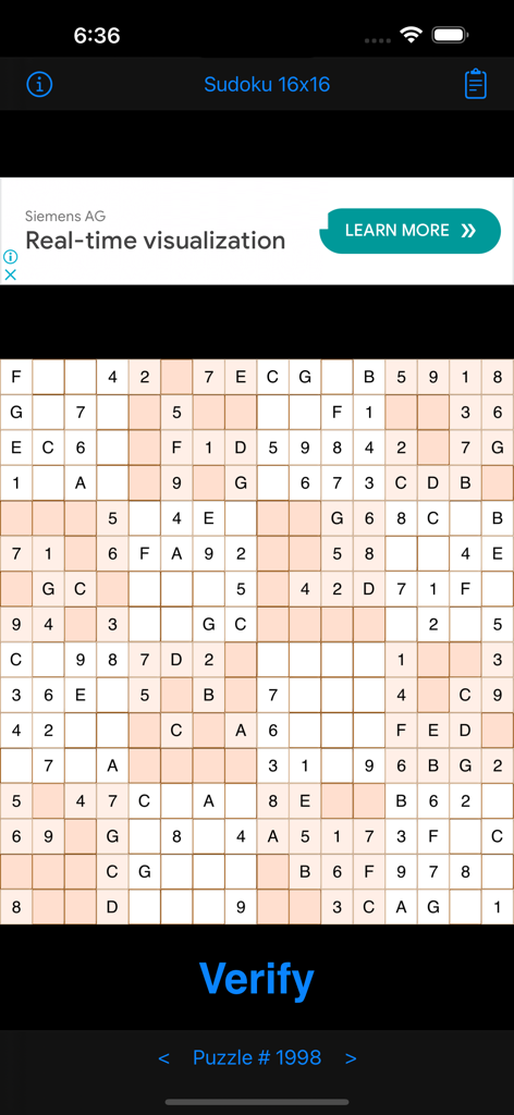 Sudoku 16x16 Game - A 16x16 Sudoku grid featuring numbers and letters for expert puzzle solvers