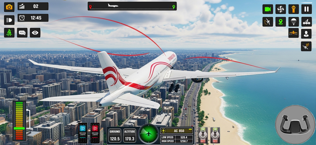 Flight Pilot Sky Airplane Game - Commercial airplane flying over a coastal city and beach in a flight simulator game