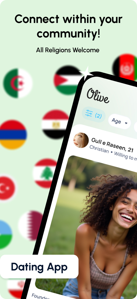 Interface de l'application de rencontre Olive montrant le profil d'un utilisateur avec des drapeaux de pays du Moyen-Orient et d'Afrique du Nord en arrière-plan
