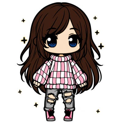 chibi girl with ripped jeans,long hair, and an oversized sweater
