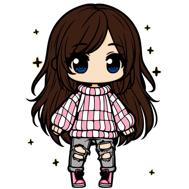 chibi girl with ripped jeans,long hair, and an oversized sweater