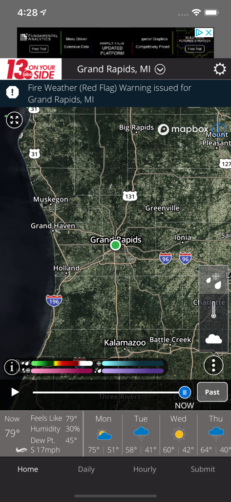 WZZM 13 Weather - WZZM 13 Weather app interface showing a high resolution radar map of Grand Rapids Michigan with a red flag warning banner