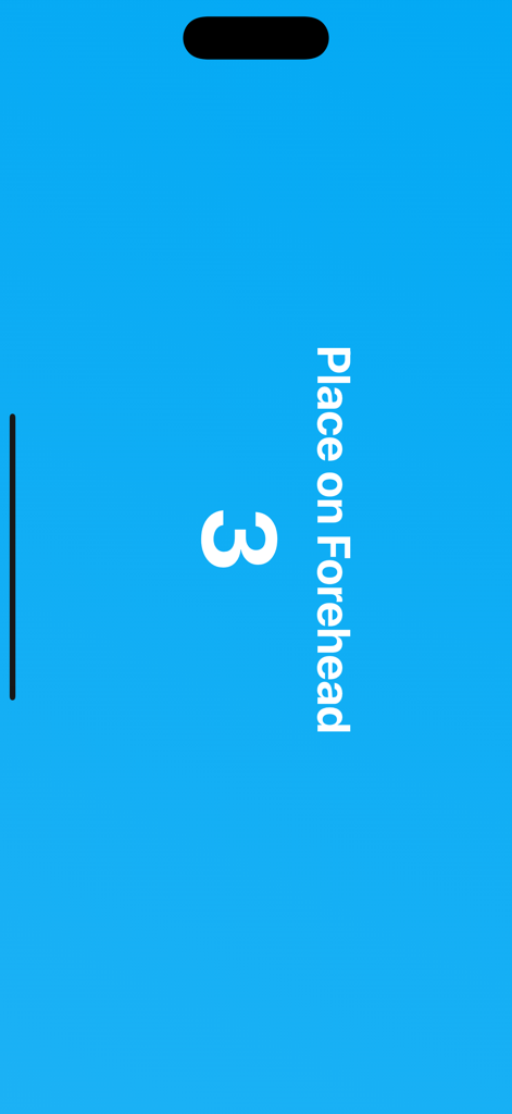 Act & Guess - Charades - A blue screen from the Mime Time charades app showing a countdown and the instruction Place on Forehead.