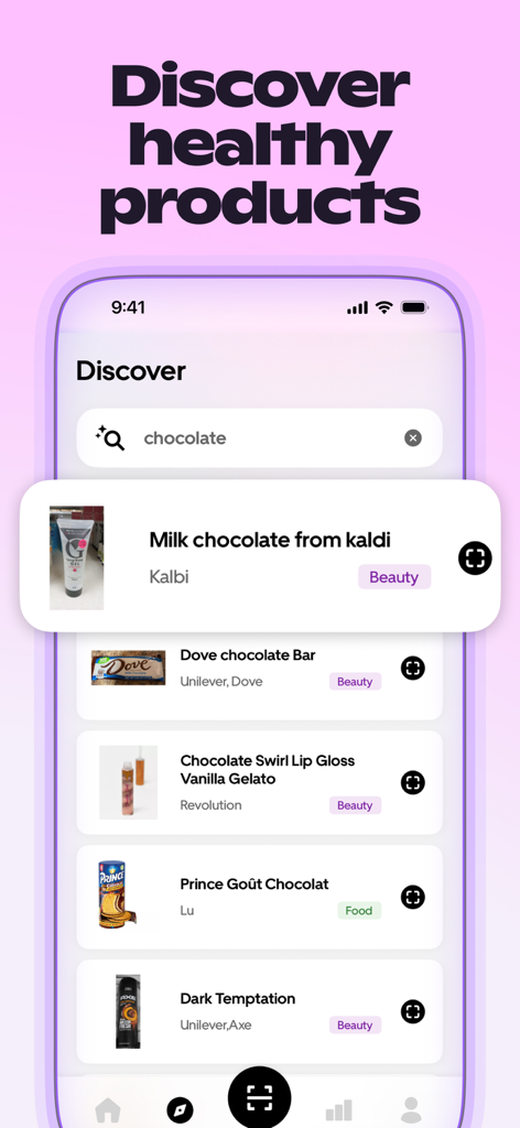 Label AI: Food & Cosmetic Scan - Label AI app interface showing a search for healthy food and cosmetic products