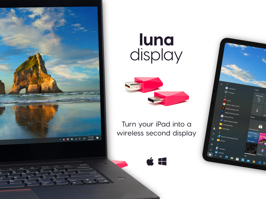 Luna Display - Adaptadores de hardware Luna Display mostrando un iPad utilizado como segunda pantalla inalámbrica para un portátil