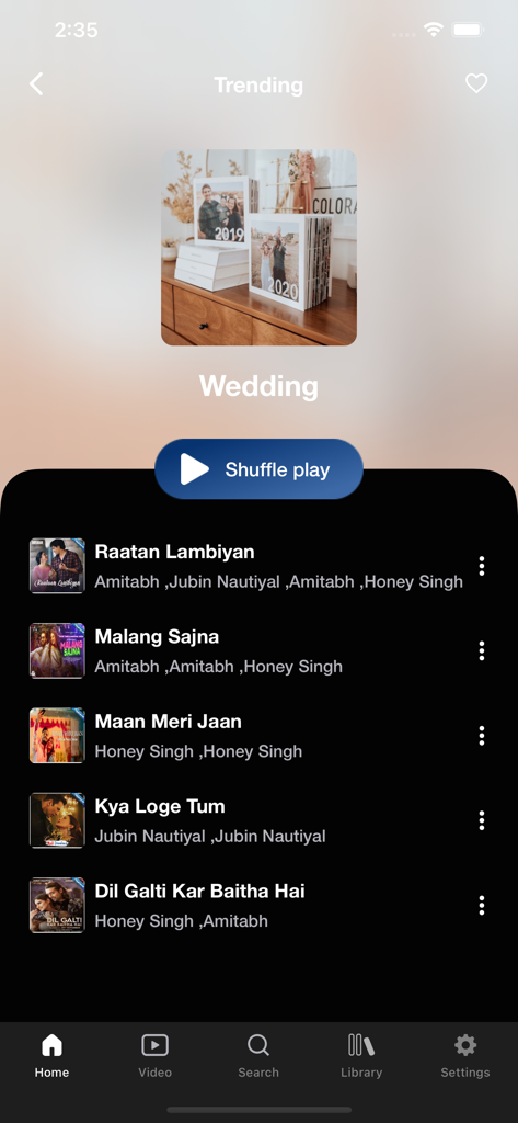 Melodify Music and Podcasts - Melodify music app showing trending wedding songs list and shuffle play button