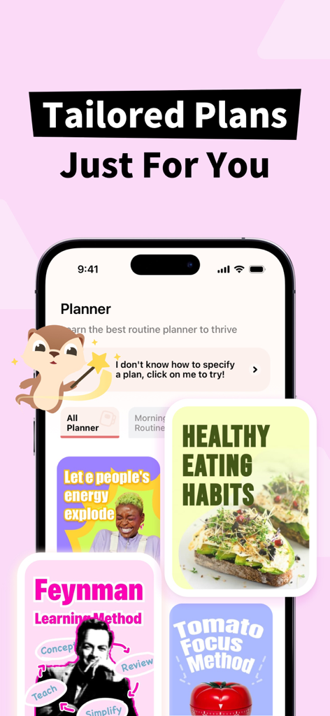 Daily Routine app screen displaying personalized habit and productivity plans like Healthy Eating Habits and Tomato Focus Method