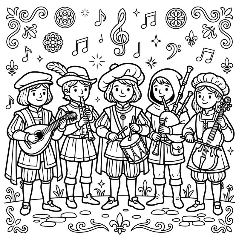 Journey back in time with this delightful coloring page featuring a lively band of Renaissance musicians, specially designed for young artists. Kids will love bringing vibrant colors to these historical characters and their unique instruments.