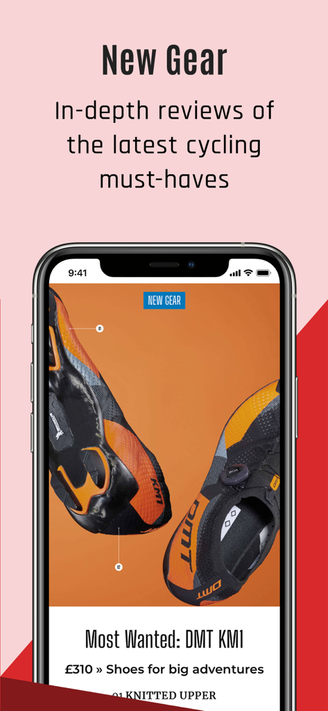 Screenshot of Cycling Plus Magazine app showcasing in-depth reviews of new cycling gear like DMT KM1 shoes.