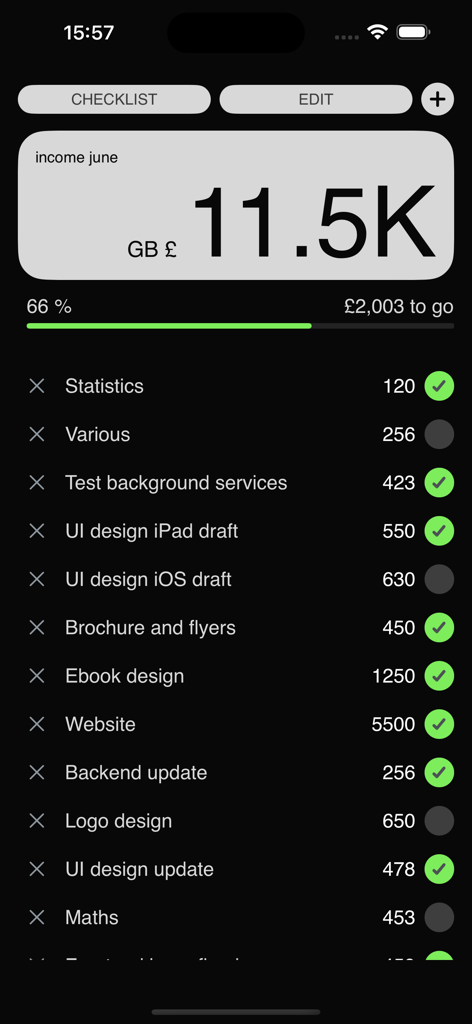 Checklist Pro: Expense Tracker - Uma lista de verificação de orçamento mensal em modo escuro mostrando custos detalhados e uma barra de progresso para a renda de junho.