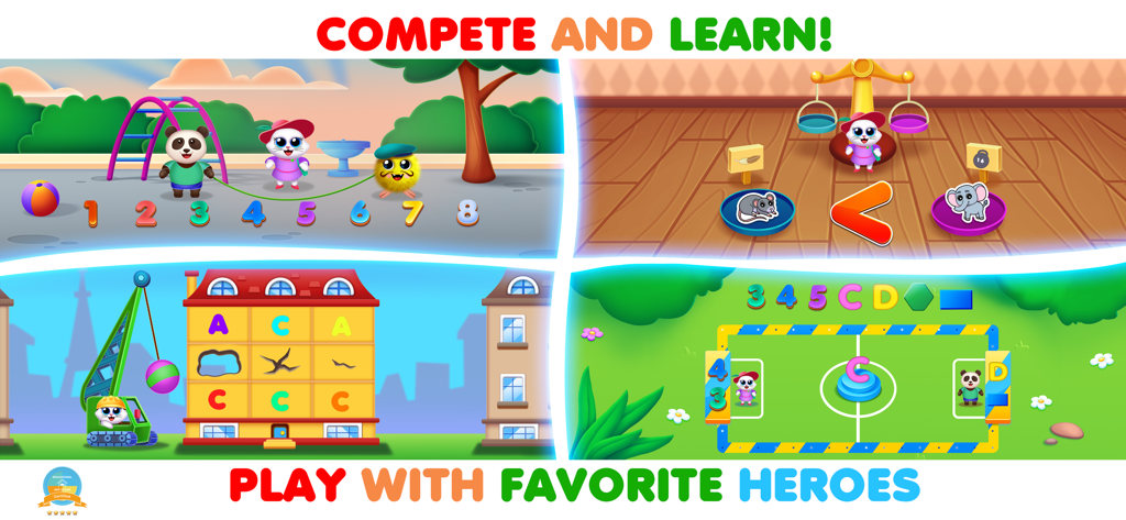 RMB Games: Pre K Learning Park - A collage of educational mini games for preschoolers featuring counting animals, comparing weights, and learning the alphabet with cute characters.