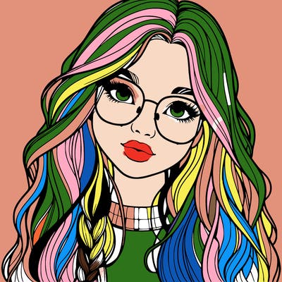 girl with long hair and freckles and glasses realistic