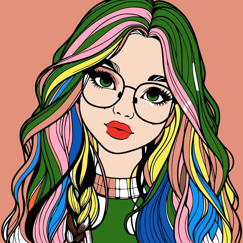 girl with long hair and freckles and glasses realistic