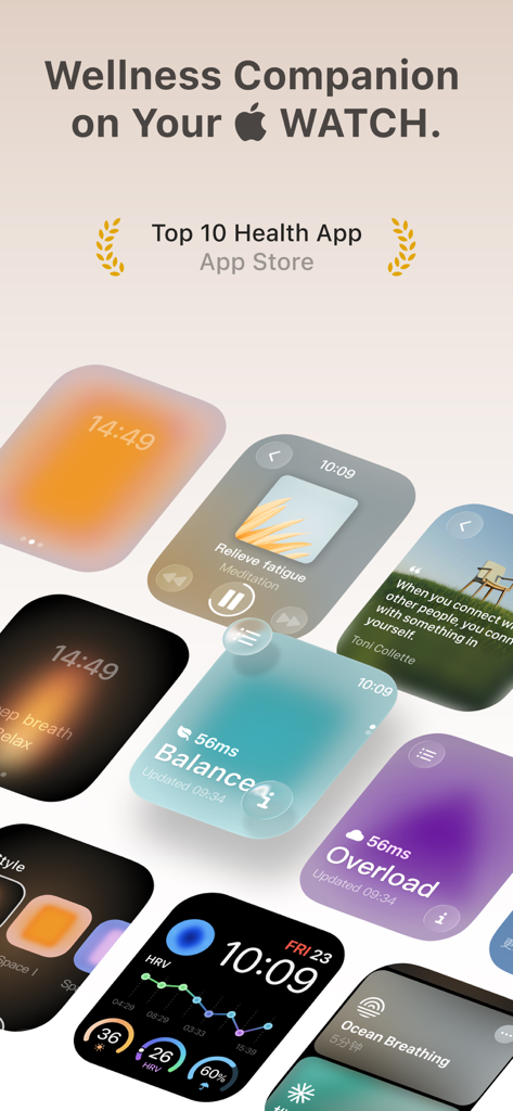 명상 및 웰니스 추적을 보여주는 Apple Watch의 TIDE 앱 화면