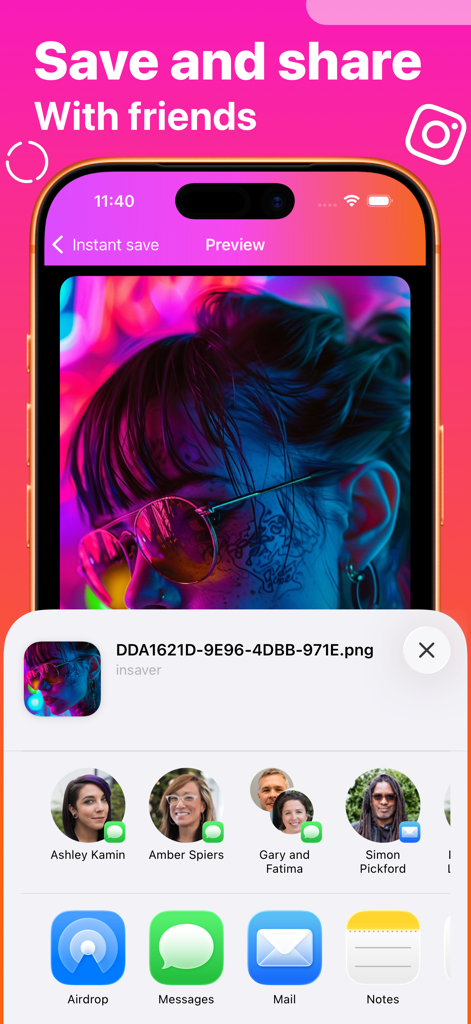 InSaver: Story, Reels, Video - 인세이버 앱의 모바일 스크린샷으로, 사진 미리보기와 함께 다양한 앱을 통해 친구에게 이미지를 보낼 수 있는 공유 메뉴가 열려 있습니다.
