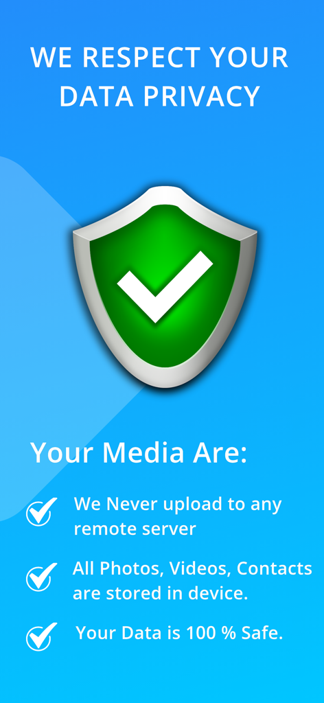 Safe Private Vault: keep safe - Data privacy screen explaining local device storage and no server uploads for secure media