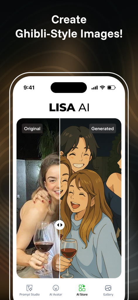 A split screen comparison in the Lisa AI app showing an original photo of friends transformed into a Ghibli style animation