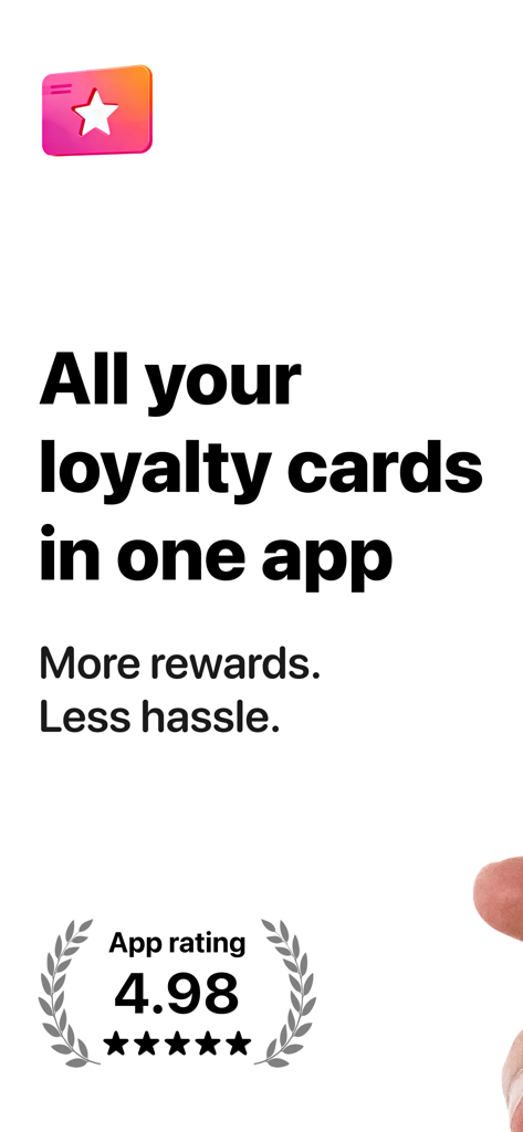 Écran marketing de l'application Loyalty Cards affichant une note de 4,98 et le slogan Toutes vos cartes de fidélité dans une seule application