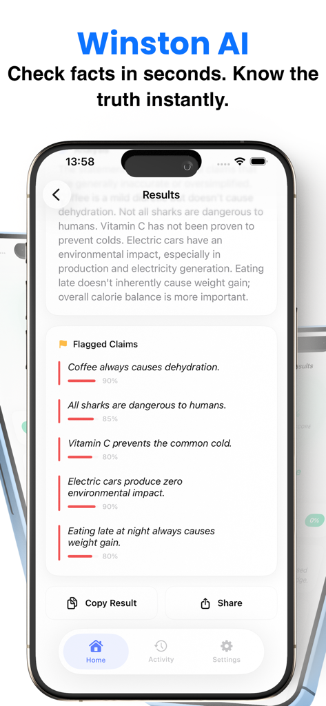 Winston AI Detector &Humanizer - Winston AI app screen showing fact checking results with flagged claims and accuracy percentages