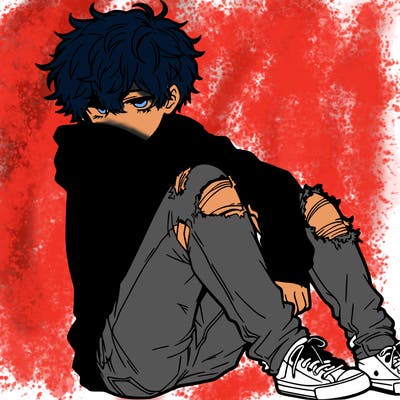 a male hoddie ripped jeans messy hair anime