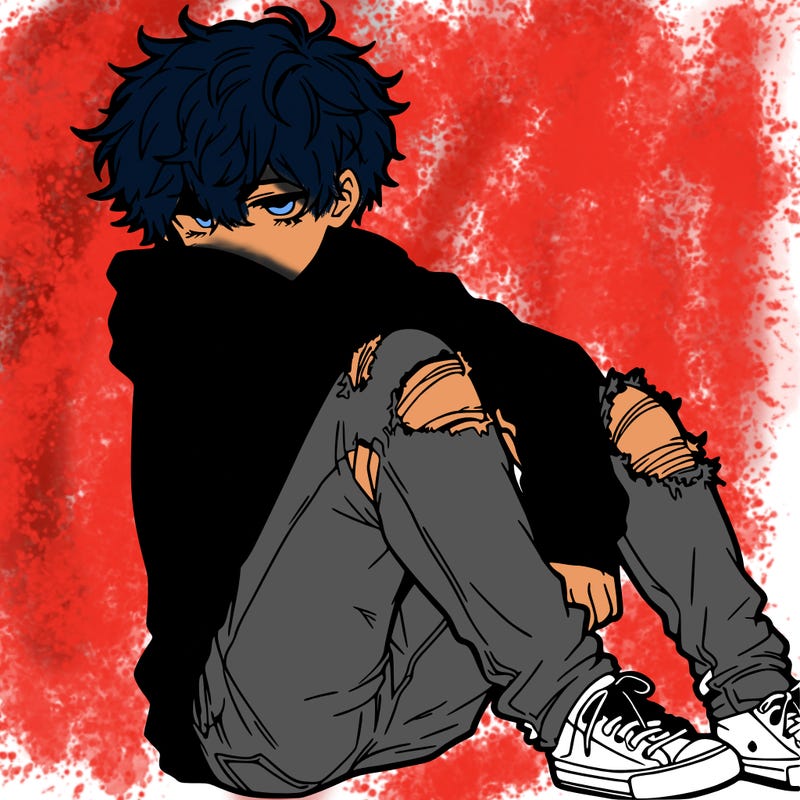a male hoddie ripped jeans messy hair anime