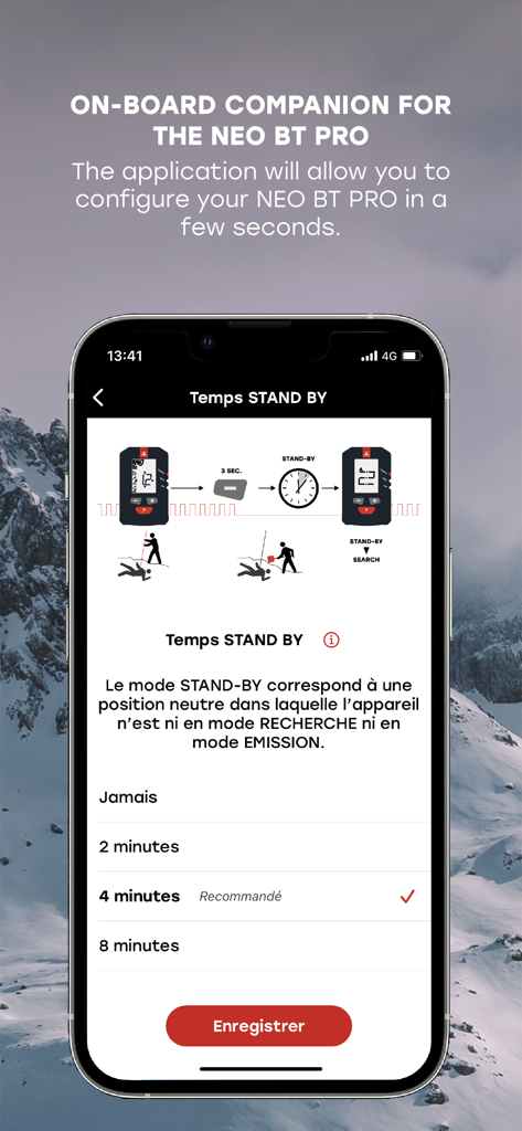 Tela da aplicação móvel ARVA para configurar as definições de tempo de espera do transceptor de avalanche NEO BT PRO