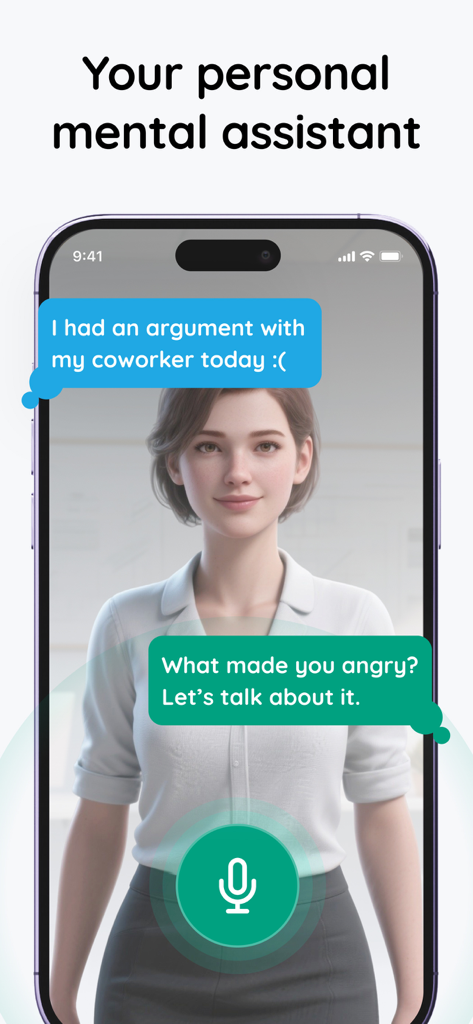 AI Mental Assistant: mindlee - Interface of mindlee app showing the AI assistant Aura providing emotional support through chat