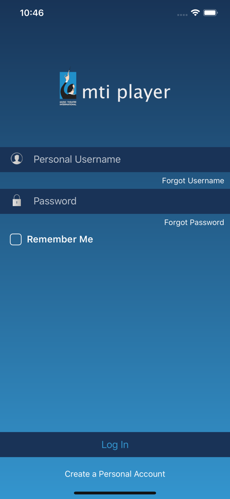 Écran de connexion de l'application MTI Player avec des champs pour le nom d'utilisateur et le mot de passe