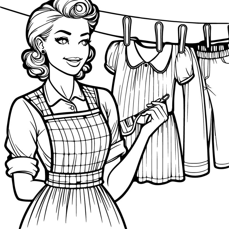 woman in the 50s with an apron hanging clothes on the line. realistic