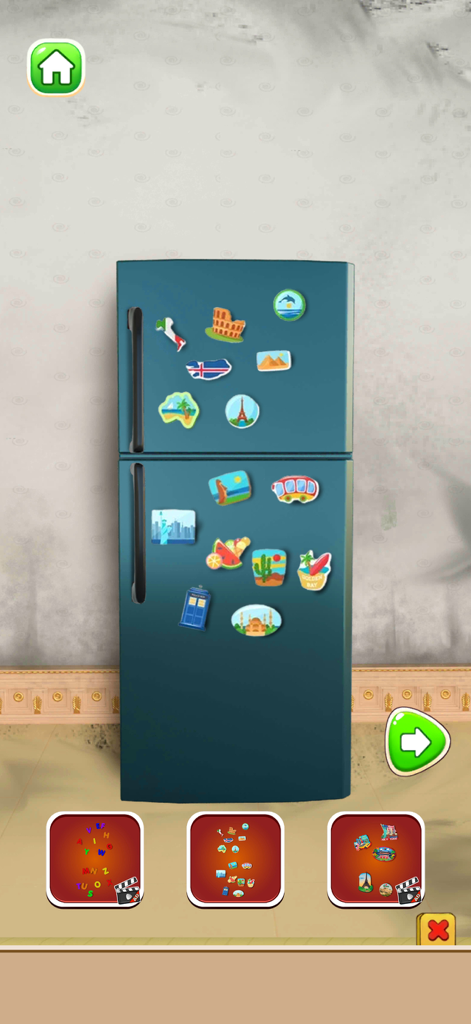 Home Makeover Tidy ASMR - Un refrigerador azul decorado con imanes de viaje en el juego móvil Home Makeover Tidy ASMR.