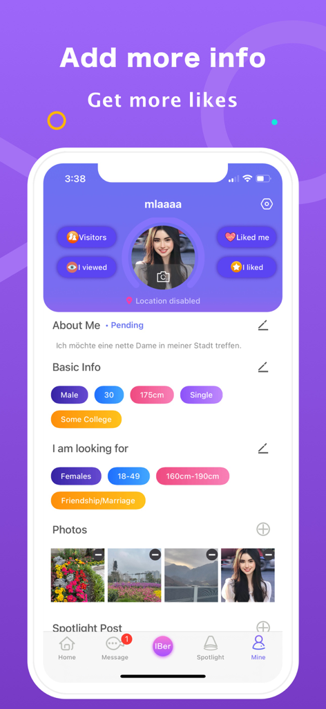 Screenshot of the CasualMeet app user profile page showing basic information and dating preferences for a mature audience.