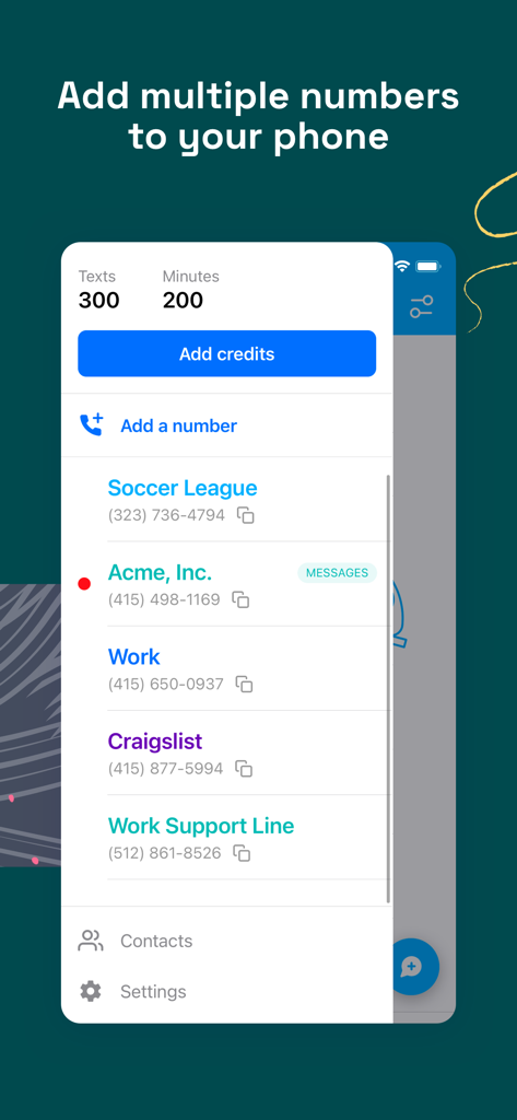 A screenshot of the Unlisted app interface showing a list of multiple secondary phone numbers labeled for work, Craigslist, and personal projects.