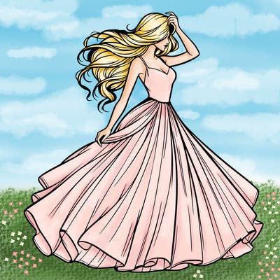 realistic woman with dress flowing in the wind