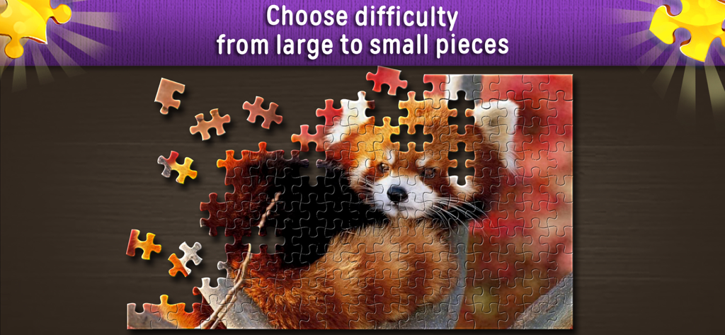 Jigsaw Puzzles World - Red panda jigsaw puzzle showcasing various difficulty levels from large to small pieces