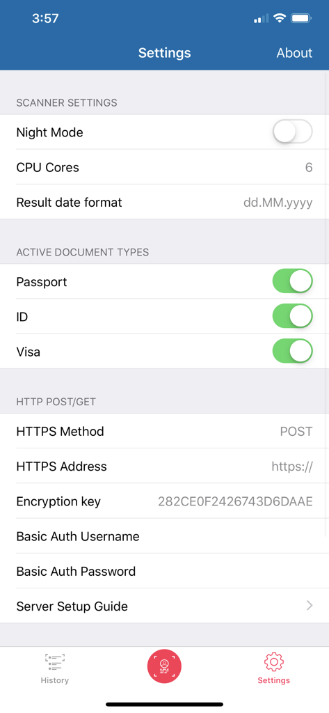 Settings page of the MRZ Scanner PRO mobile app showing configuration options for document types and data integration