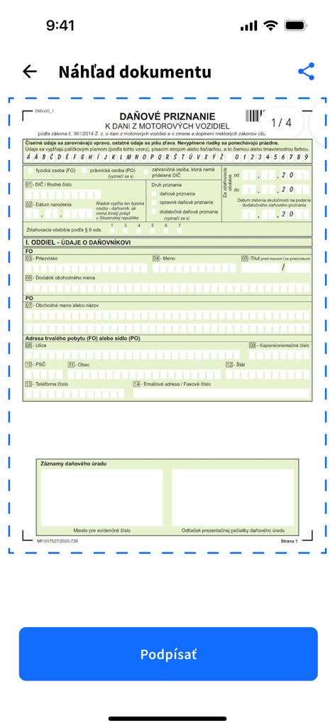 Autogram v mobile - Pantalla del móvil mostrando una vista previa del documento para una declaración de impuestos de vehículos con un prominente botón azul de firmar.