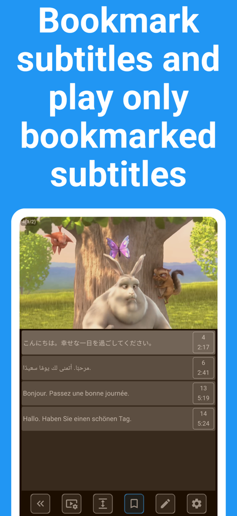 Shadowing Player: Languages - A mobile interface for Shadowing Player app displaying bookmarked subtitles in multiple languages for language learning.