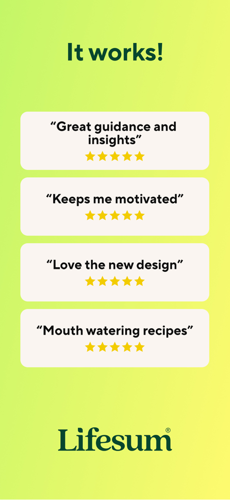 Lifesum app promotional screen featuring positive five-star user reviews and testimonials on a green background.