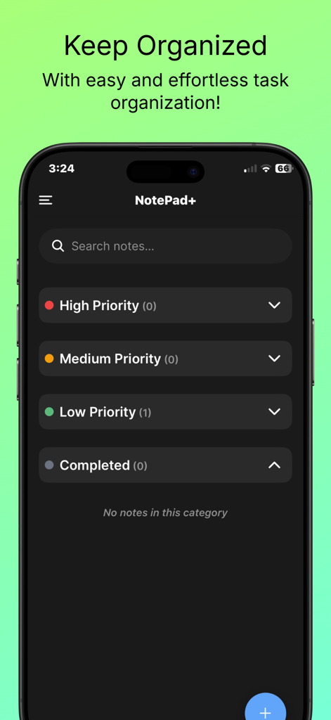 Note Pad+ - Note Pad plus task organization screen showing priority levels on iPhone