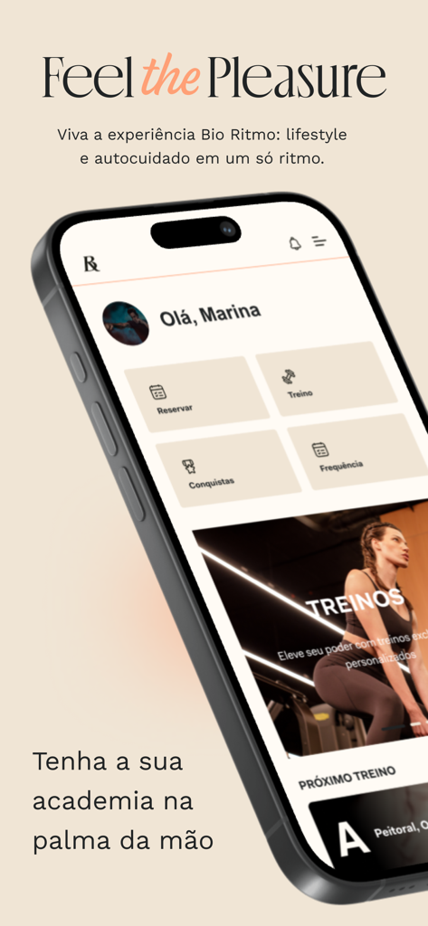 Interface do aplicativo Bio Ritmo mostrando painel de fitness com opções de treino e reserva de aulas em um smartphone