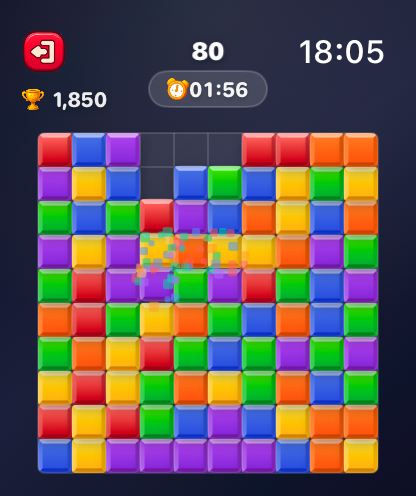 Block Blast Watch Games - A colorful grid of blocks in the Block Blast puzzle game for Apple Watch showing a score and timer