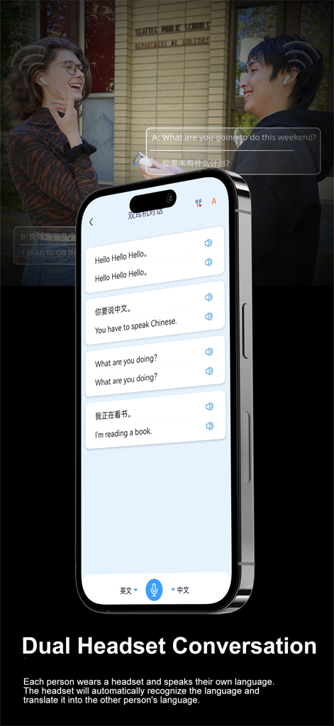 iPhone zeigt die iTourBuds-Zwei-Headset-Gesprächsfunktion mit Echtzeit-Englisch- und Chinesischübersetzung für persönliche Gespräche.