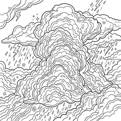 Dive into the dramatic beauty of nature with this intricate cumulonimbus clouds coloring page designed for adults. Explore towering storm formations, rain, and lightning, perfect for a mindful coloring session.