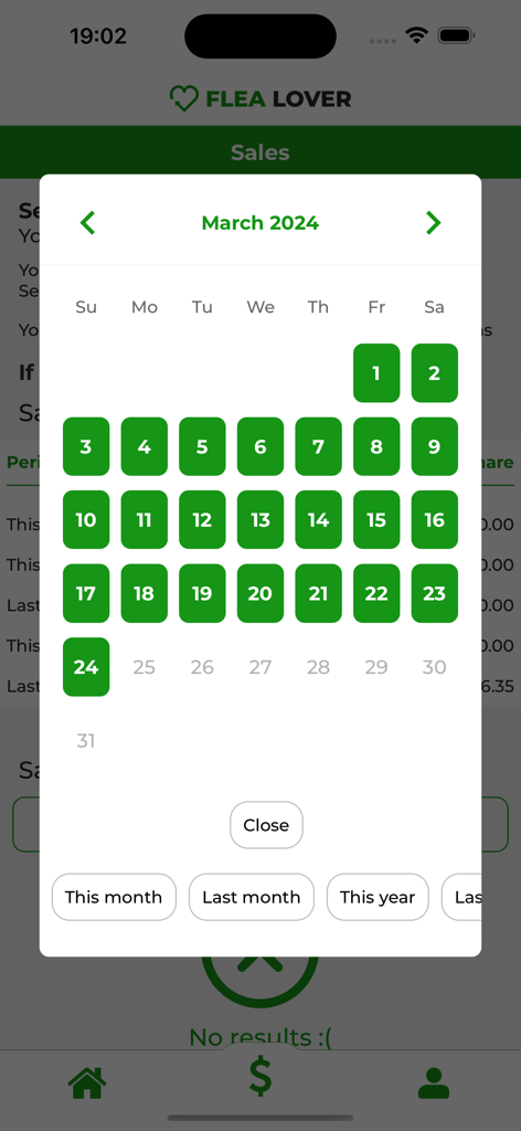 Flea Lover - Flea Lover app sales tracking calendar