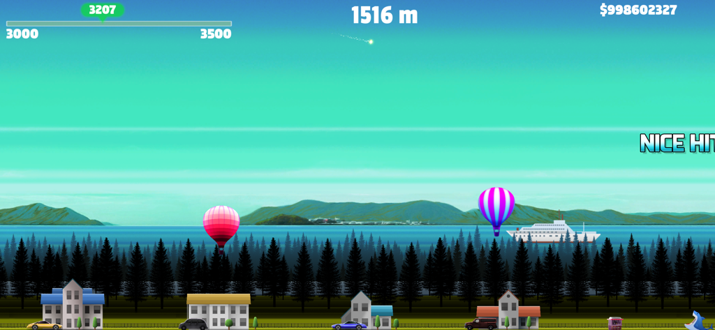 Uma bola de beisebol voando pelo ar sobre uma paisagem cênica com montanhas, balões de ar quente e um navio de cruzeiro no jogo Baseball flick homerun hit fun.