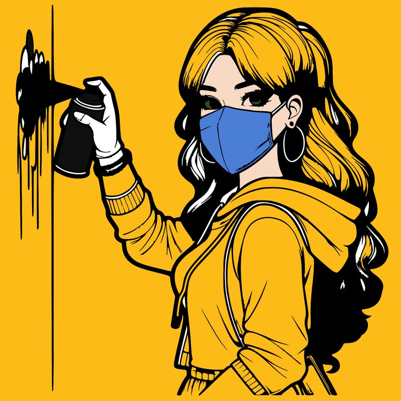 realistic girl with mask spray painting a wall