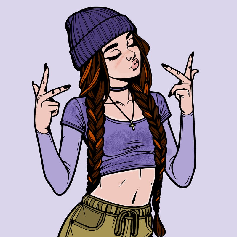 realistic teenage girl with braids and a beanie and crop top doing 🫶🏼